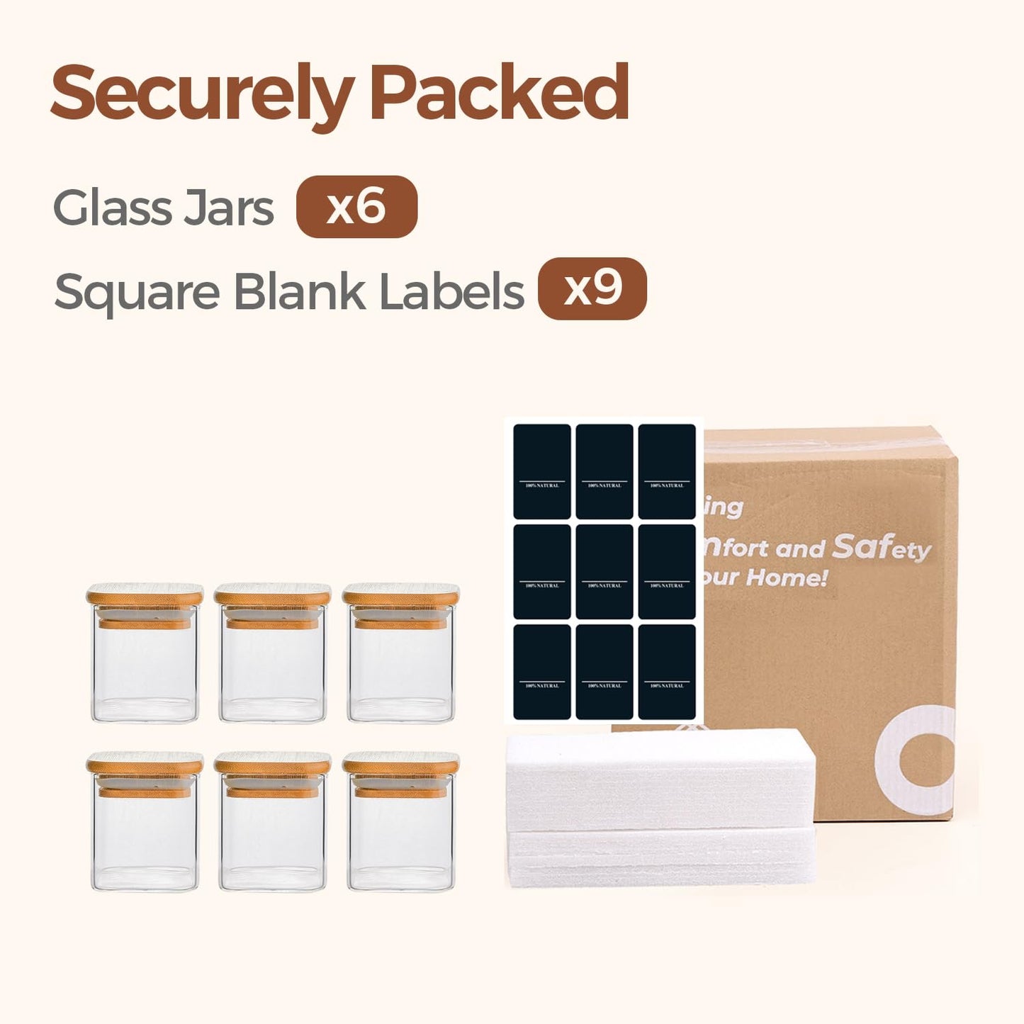 ComSaf Spice Jars with Labels 4 oz 6Pack, Small Spice Containers Starter Set, Glass Seasoning Jars with Lids, Square Seasoning Containers for Salt, Pepper, Chili Powder, Sugar, Ginger Ground, Cumin