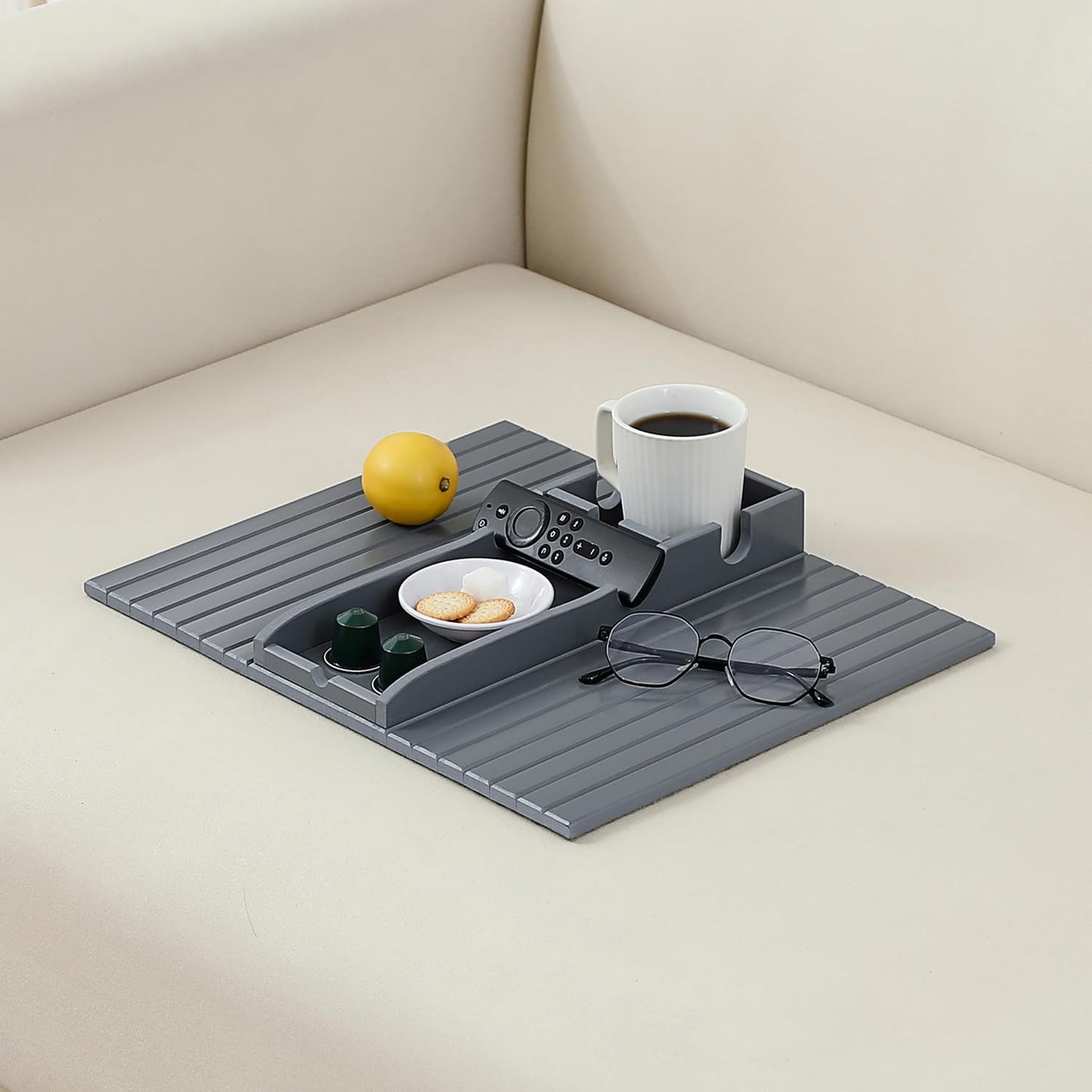 HNLISA Bamboo Couch Cup Holder Arm Tray,Foldable Couch Drink Holder Armrest Table,Sofa Arm Rest Tray,Flexible Arm Chair Table Recliners for Drink,Cups, Snacks, Phone, Remote (Grey)