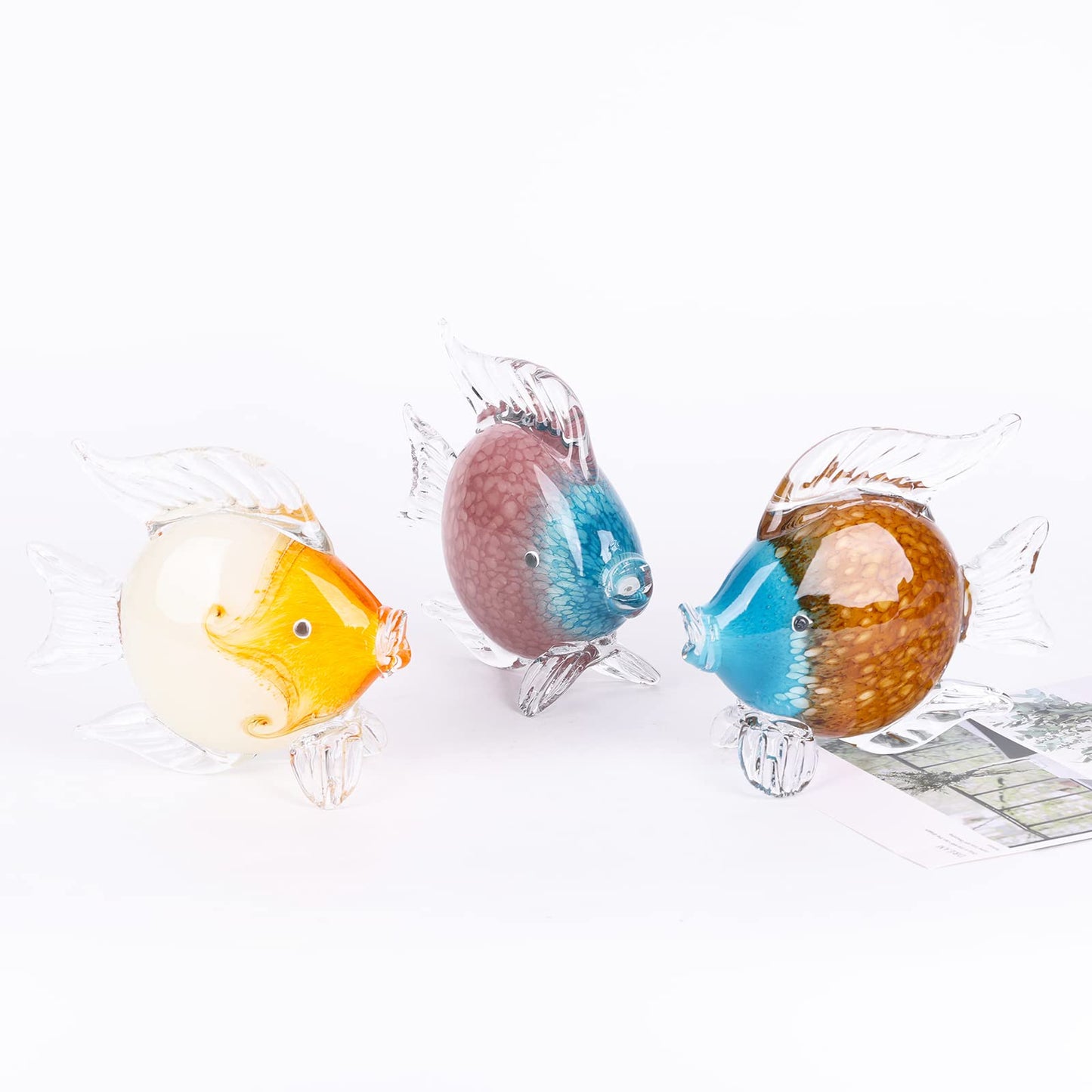 LCCCK Large Glass Fish Figurines Hand Blown Glass Fish Statue and Sculpture Home Decor, Murano Animal Tropical Sea Glass Paperweights for Desk, Glass Aquarium Coastal Beach Decorative (Brown)