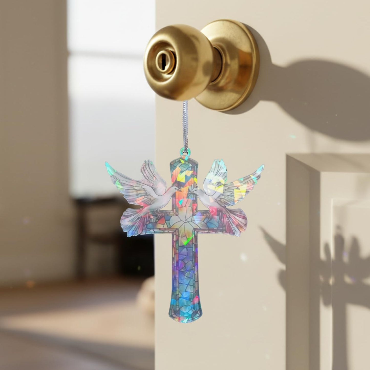 Christian Gifts for Women - Memorial Gifts - Cross Decor – Hologram Acrylic Suncatcher Hanging Decoration – Shimmering Cross with Doves for Window, Christmas Tree, Religious Gifts, Gifts for Mom Girl