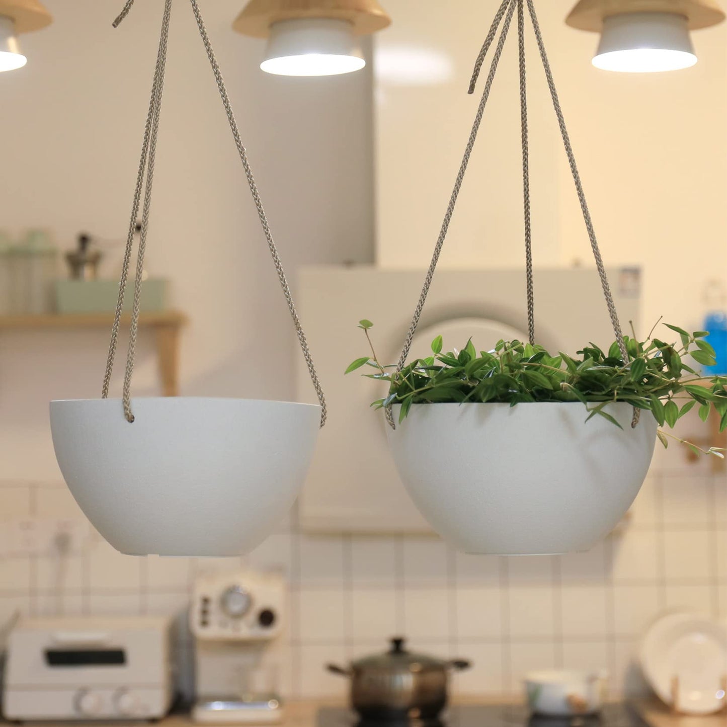 LA JOLIE MUSE White Hanging Planter Basket - 8 Inch Indoor Outdoor Flower Pots, Plant Containers W/Drainage Hole, Plant Pot for Hanging Plants, Pack 2