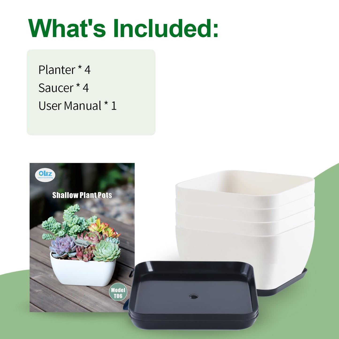 Oliz Succulent Pots 6 Inch Shallow Herb Planters with Drainage Hole - 4 Packs Cactus Planter for Home Office Garden Plants Pot Present - Plants Not Included (Off White)