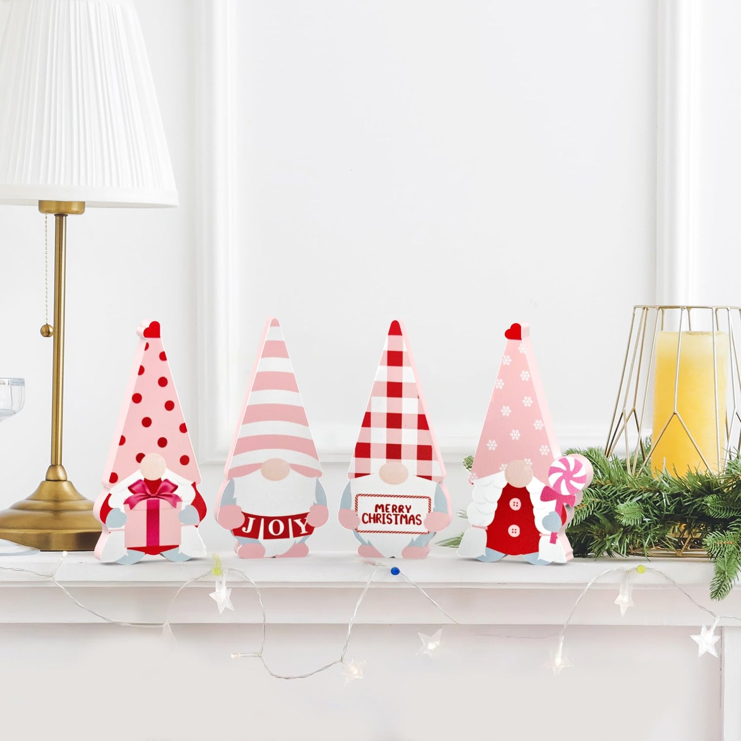 LXDNBGO Christmas Gnomes Decorations - Set of 4 Cute Pink Wooden Gnomes Decor, Christmas Table Decor Indoor for Home Office Bedroom Shelf Tiered Tray Desk Mantel