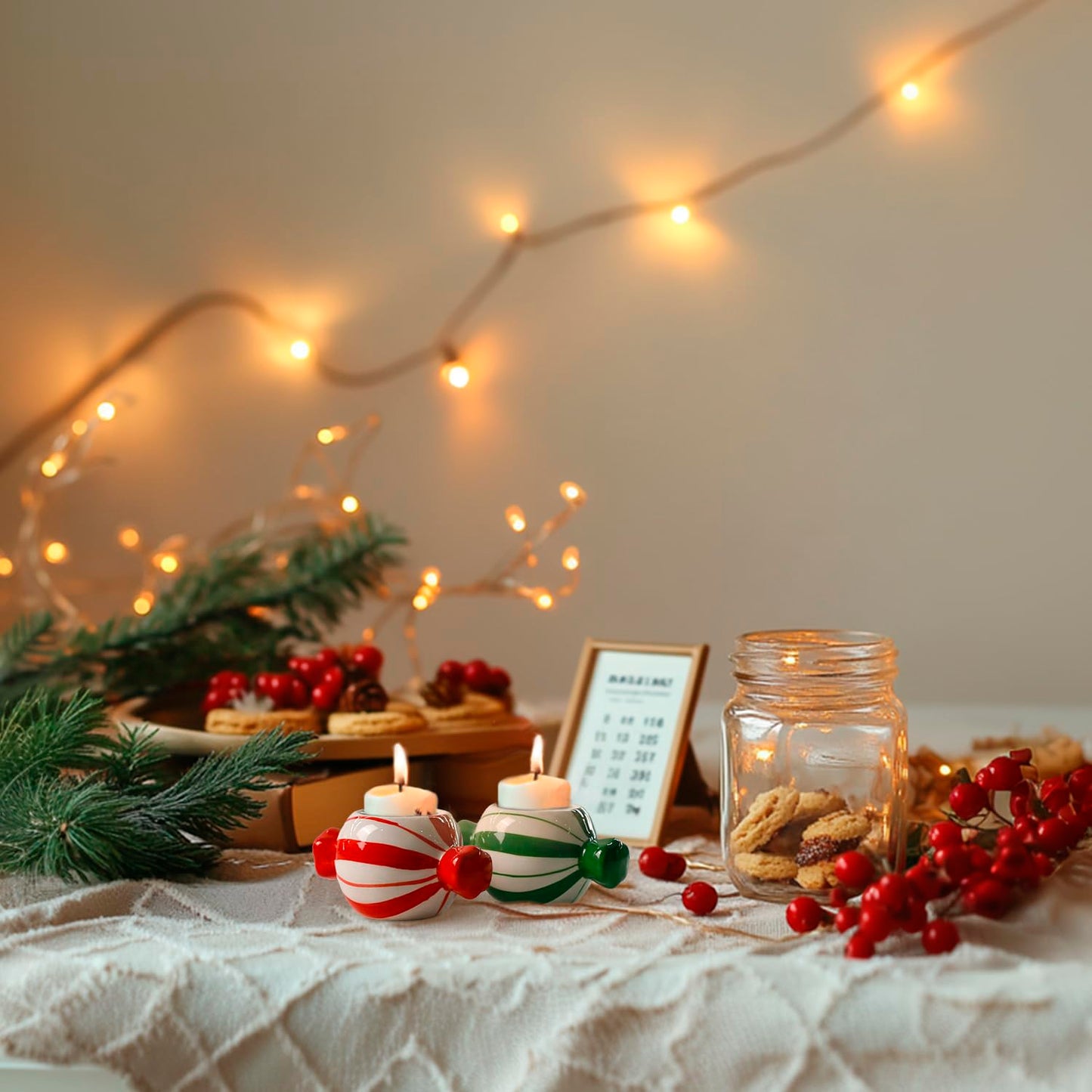 DIF DECO Candy Ceramic Candle Holders 2 PCS,Christmas Decor Candlestick Holders Centerpieces for Home Wedding Xmas Dinning Party for 1.5 inch Candle and Led Candle(Red + Green)