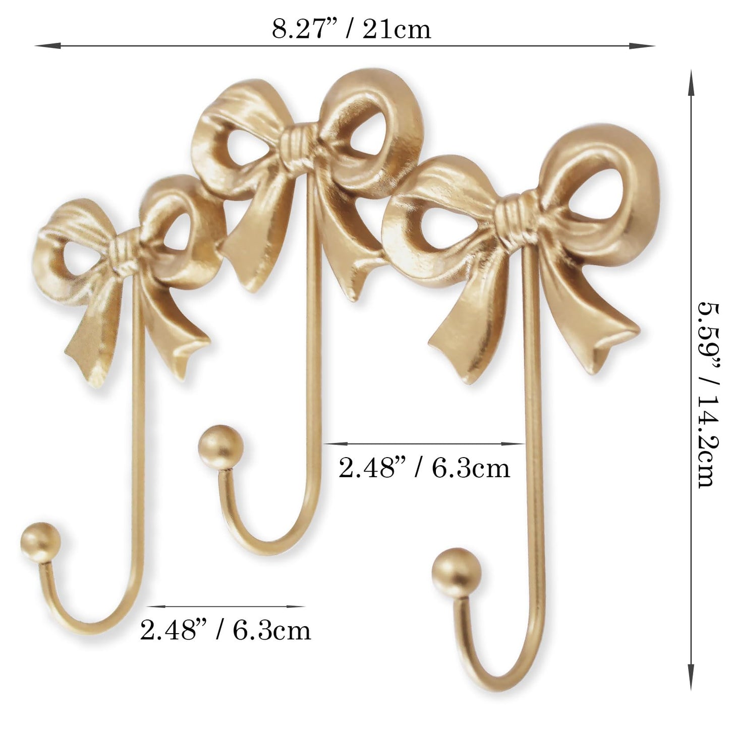 Small Bow Wall Hook,Gold Wall Mounted Functional Hooks,Antique Gold Cast Iron Hook for Coats,Bags, Bath Towels,Room Decorations,Girls Room,Bathroom,Office(Three-Bows Hooks:8.27x5.59 inches)