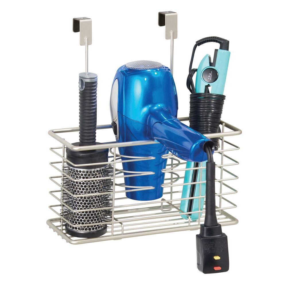 mDesign Steel Over Cabinet/Door Hair Dryer Holder Storage, Hair Styling Tool Organizer Basket for Bathroom - Blow Dryer, Flat Iron, Curling Wand, Straightener, Linelle Collection - Satin