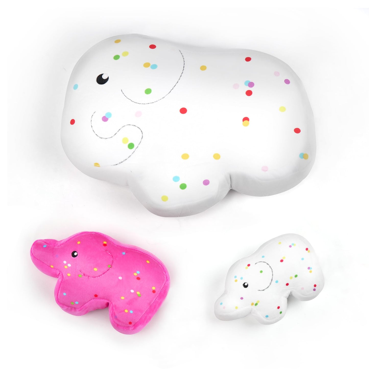 BenBen Cookies Plush Toys, 13.75”, 7.5” and 6.25” Cute Elephant Family Stuffed Animal, Kawaii Food Plushies, Fun Decorative Pillows for Room Décor, Set of 3, White and Hot Pink