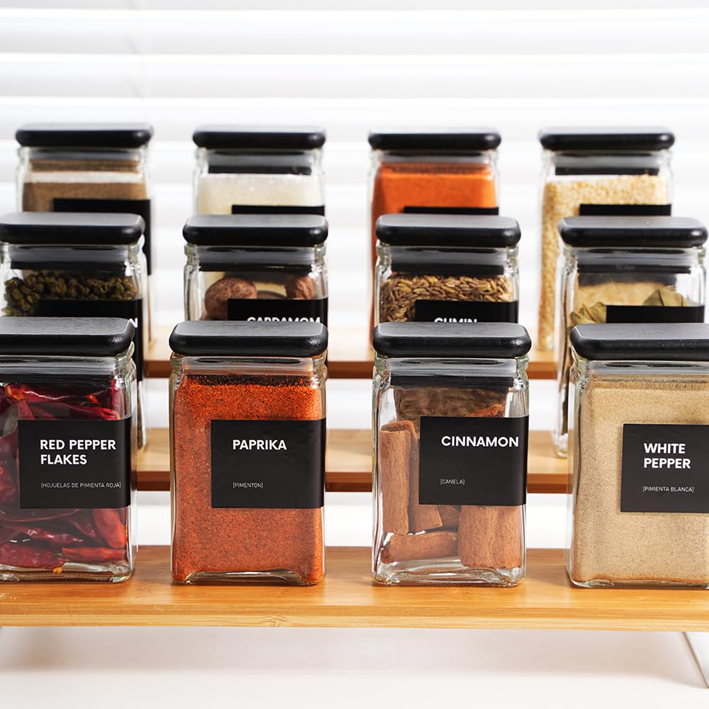 APT 1101 Glass Storage Jars with Bamboo Lid, glass canisters with airtight lids, Clear jars with lids for Spice, Cookie, Candy, Tea, Coffee Bean and Rice (Black, Spice Jar Set (4 oz, set of 12))