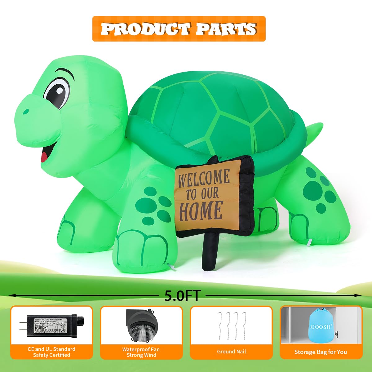 GOOSH 5 FT Long Spring Tortoise Inflatable Outdoor Decoration Blow Up Yard with Welcome Sign Built-in LEDs for Indoor Party Garden Lawn Decor