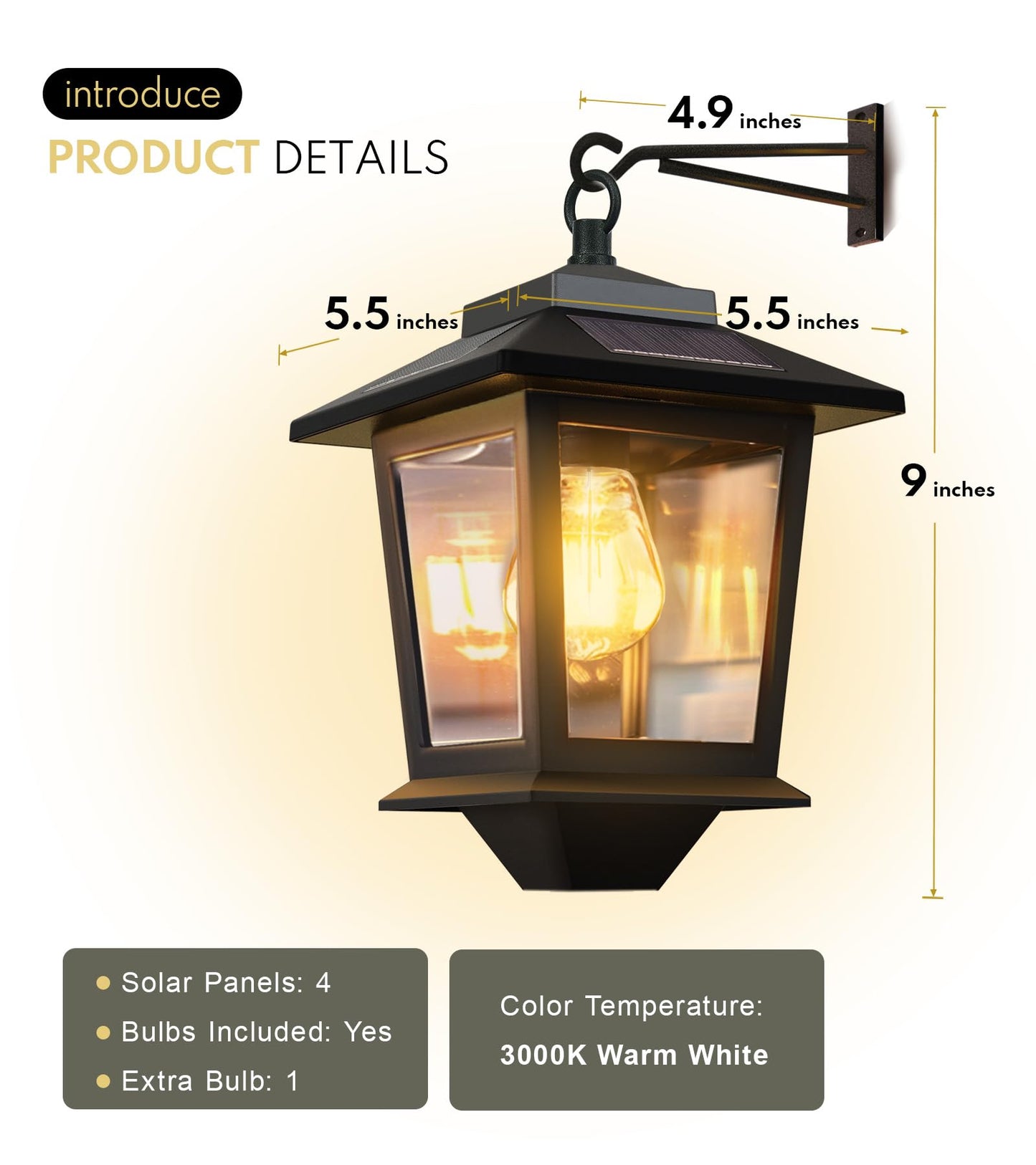 PASAMIC 2 Pack Solar Wall Lanterns with Replaceable Bulb,Outdoor Hanging Lights with 4 Solar Panels,Dusk to Dawn Led Outdoor Wall Sconce, Anti-Rust Waterproof Lanterns with Hooks,3000K Warm White