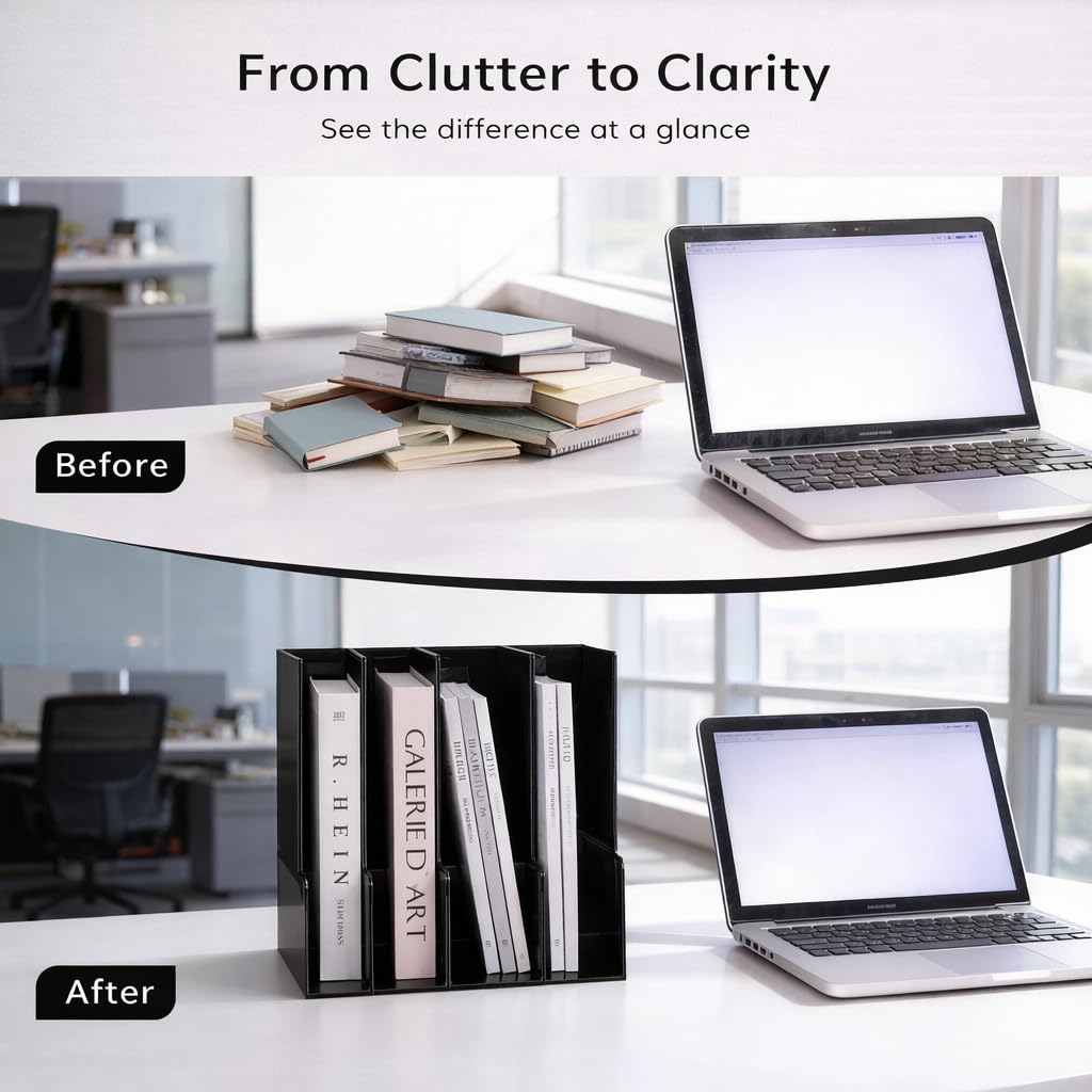 CiWiVOKi Vertical Magazine File Holder, Desk Organizer and Storage for Magazines, Binders, Notebooks, Envelopes, Multi-Purpose Desktop File Organizer for Home, Office & Classroom, 4 Pack, Black