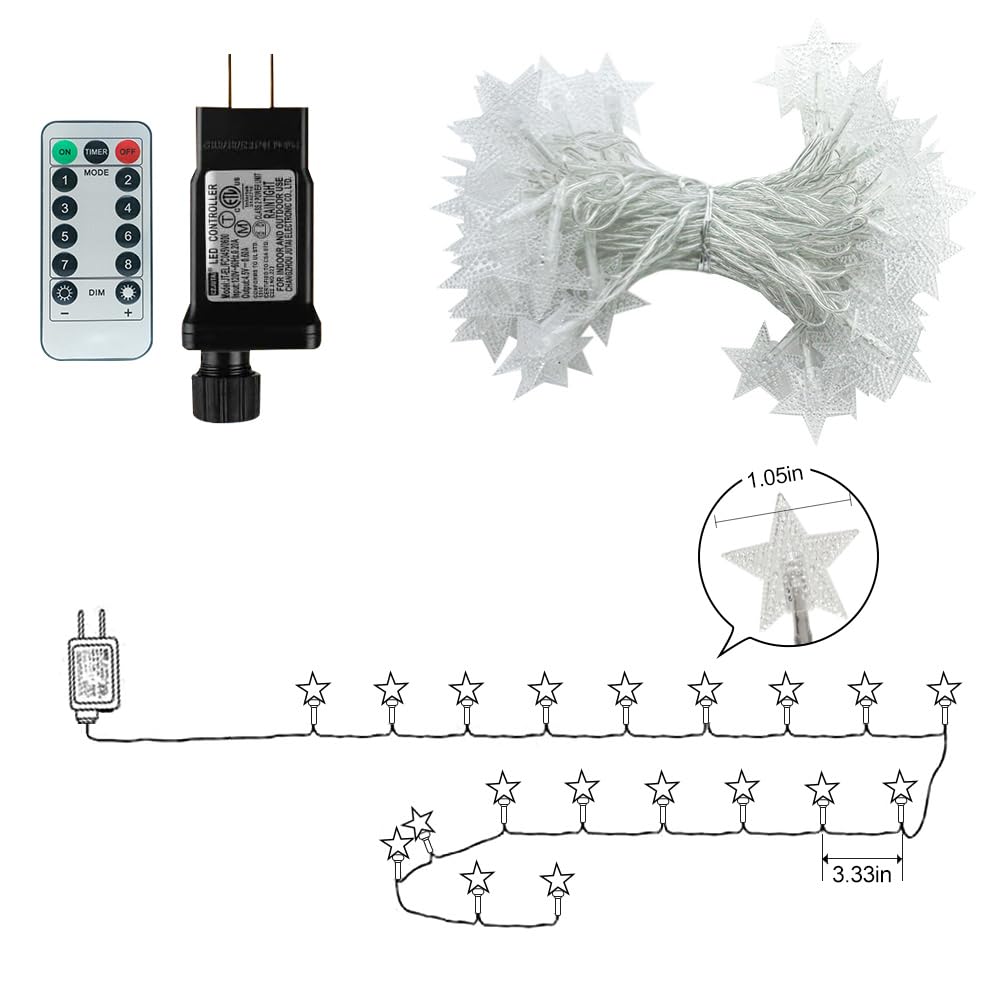 RaThun 49.2ft Warm White Star String Lights, 100 LED with 16ft Extended Lead Wire & Remote, 8 Modes, IP44 Waterproof Plug in Linkable Lights for Outdoor Indoor Party Wedding