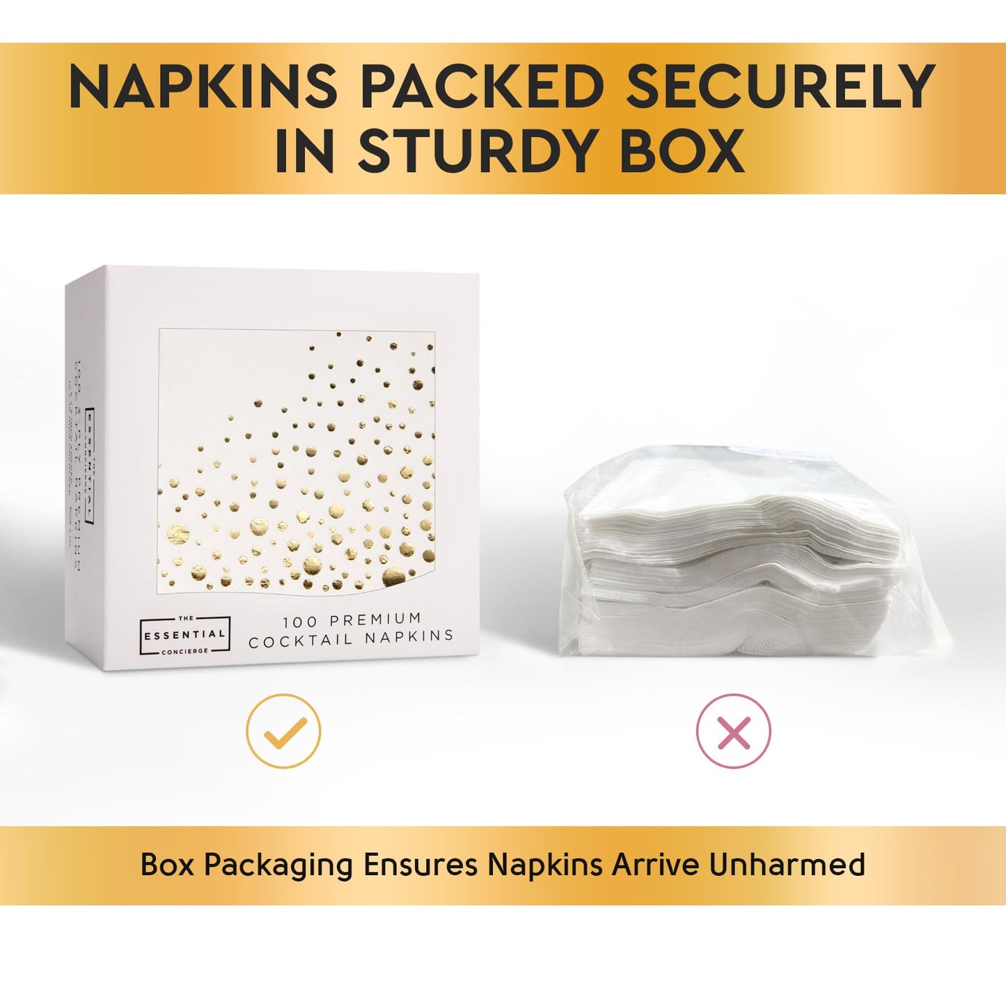 Stylish Gold Cocktail Napkins, 100 3Ply White and Gold Napkins, Disposable Party Napkins, 5x5 Inch Wedding Cocktail Napkins, Paper Cocktail Napkins, Bridal Shower Napkins, or Beverage Napkins