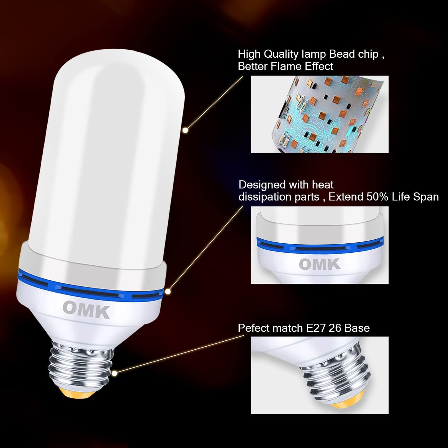 OMK - LED Christmas Decorations Flame Effect Light Bulbs - Upgraded 4 Modes Two-Tone Fire Simulated Lamps - Holiday/Christmas Gifts/Party/Indoor/Outdoor Decoration Lights (2Pack)