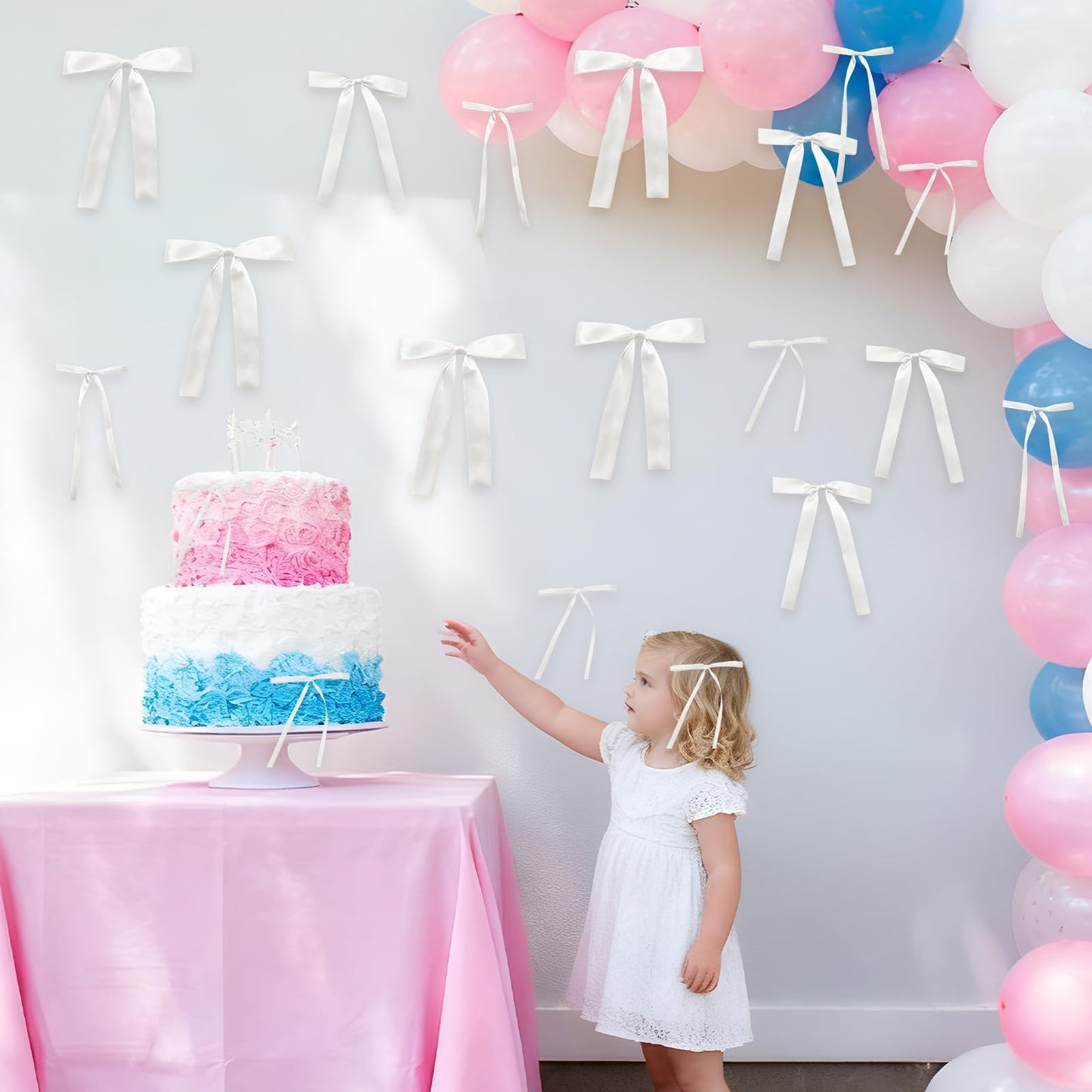 GZIXBDA 48Pcs White Bow Wall Decor, Satin Ribbon Bow Birthday Decorations Photo Backdrop Party Decor for Birthday Baby Shower Bachelorette Wedding Party Room Bedroom