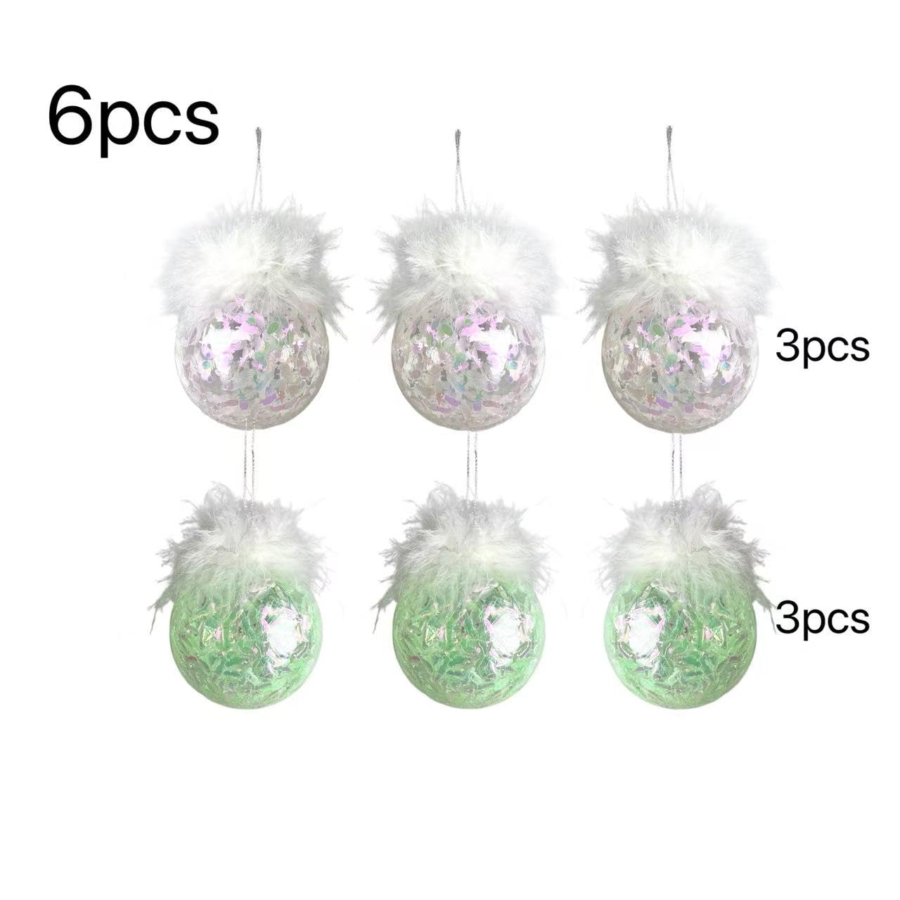 Feather Christmas Ornaments Ball for Home Décor – Clear & Soft Green Glitter Hanging Baubles, Shatterproof Modern Tree Decorations for Living Room, Fireplace, Table Styling, 6 Pack 2.36inch