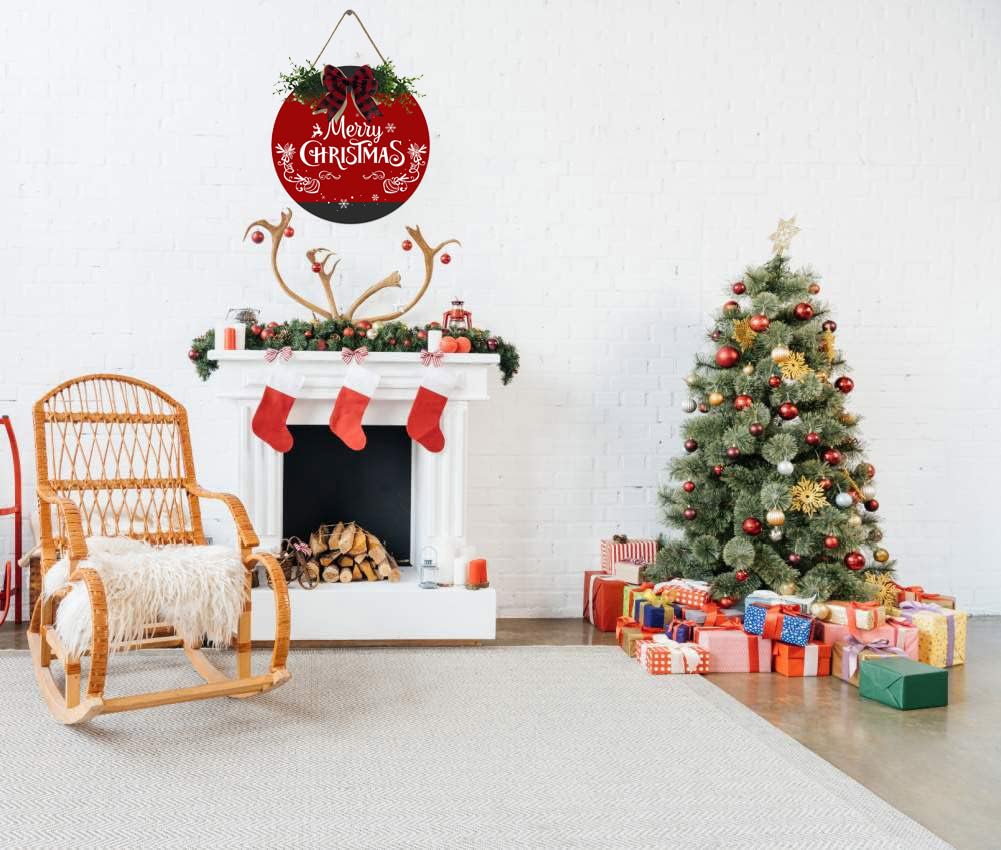 Fenarenes Christmas Welcome Sign for Front Door Decorations Hanging - Christmas Round Wood Sign with Bow for Farmhouse Outdoor Wall Home Decor 12x12 In