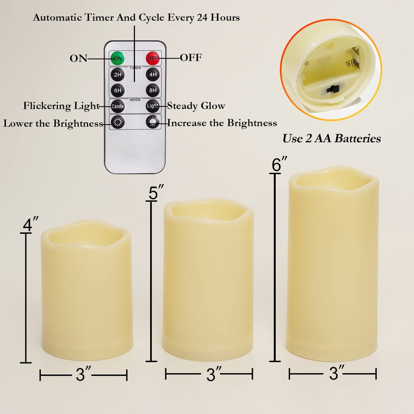 Homemory 3 Pack Flameless Candles, Outdoor Waterproof, Battery Operated LED Pillar Candles with Remote Control and Timer, Plastic, Long Lasting,4”5”6”