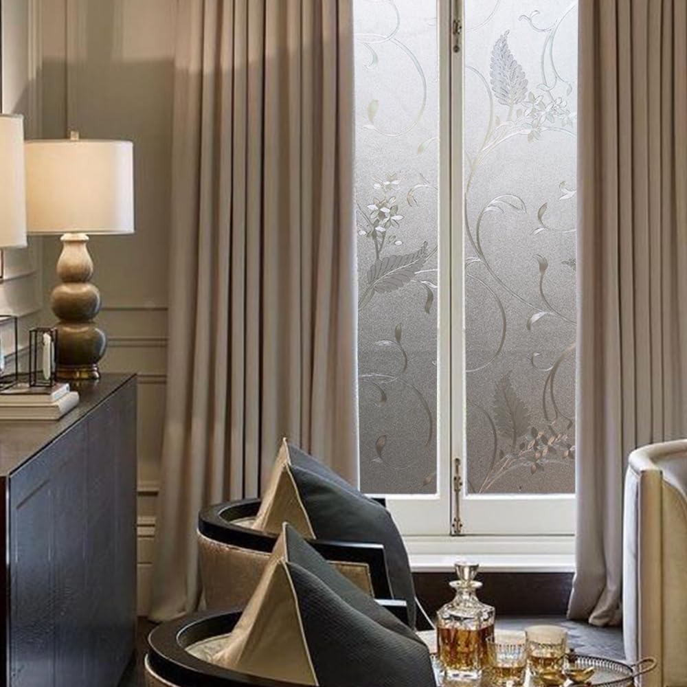 Static Cling Non-Adhesive Frosted Glass Window Film for Decorative Decals and Privacy Covering on Shower Doors and Bathroom Doors (Vine, 17.7'' x78.7'')