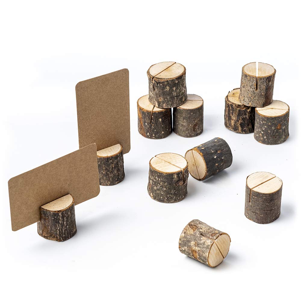 Jofefe 12Pcs Mini Wood Place Card Holders and 24Pcs Kraft Place Cards, Rustic Table Number Holders, Food Labels for Party Buffet, Name Card Photo Picture Holders for Harvest Fall Thanksgiving Wedding Birthday Party