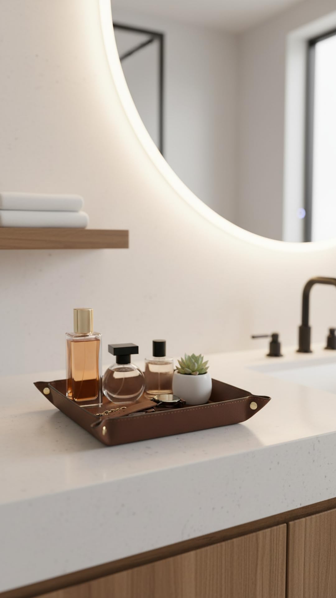 VLANDO Valet Tray for Men Women, Nightstand Organizer Vanity Catchall Holder for Dresser Desk Storage Bedside, Travel PU Leather Jewelry Key Bowl Coin Watches and Candy Entryway Tray - Large, Brown