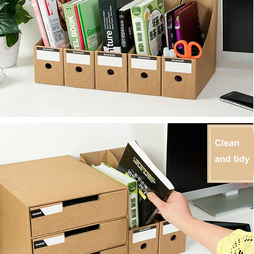 Fiyerna Foldable Desk File Holder Organizer Sturdy Cardboard Magazine Storage Box Document Rack with Blank Label Stickers for Home School Office (15, Brown)
