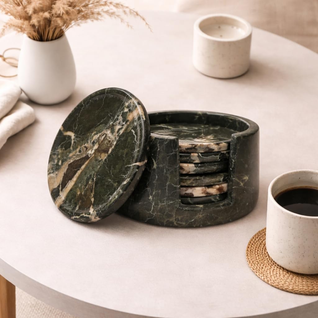 Marble Coasters Set of 6 with Holder, 3.5 Inch Round Drink Coasters for Tabletop and Coffee Table Decor (Black Zebra)