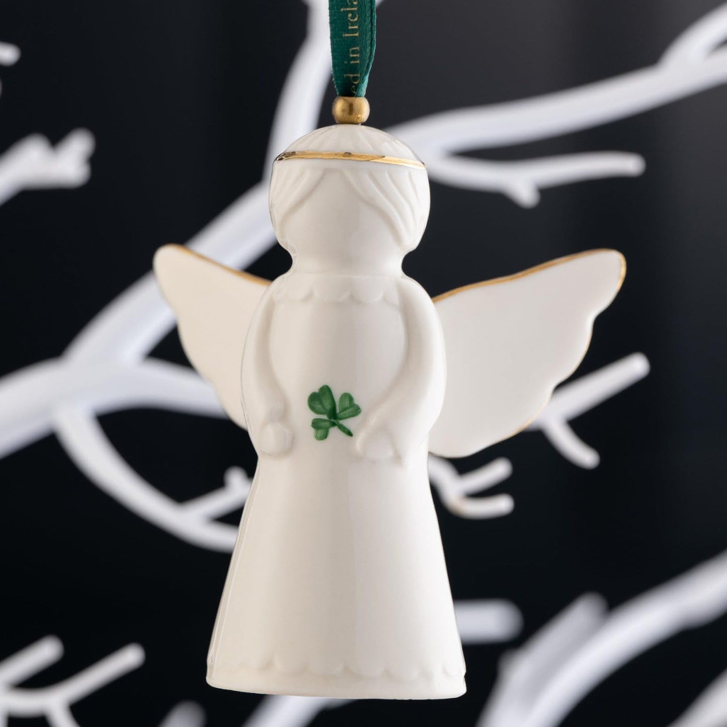 Belleek Classic Irish Angel with Shamrock Hanging Ornament, 3.5-Inch Handpainted Porcelain Christmas Decoration