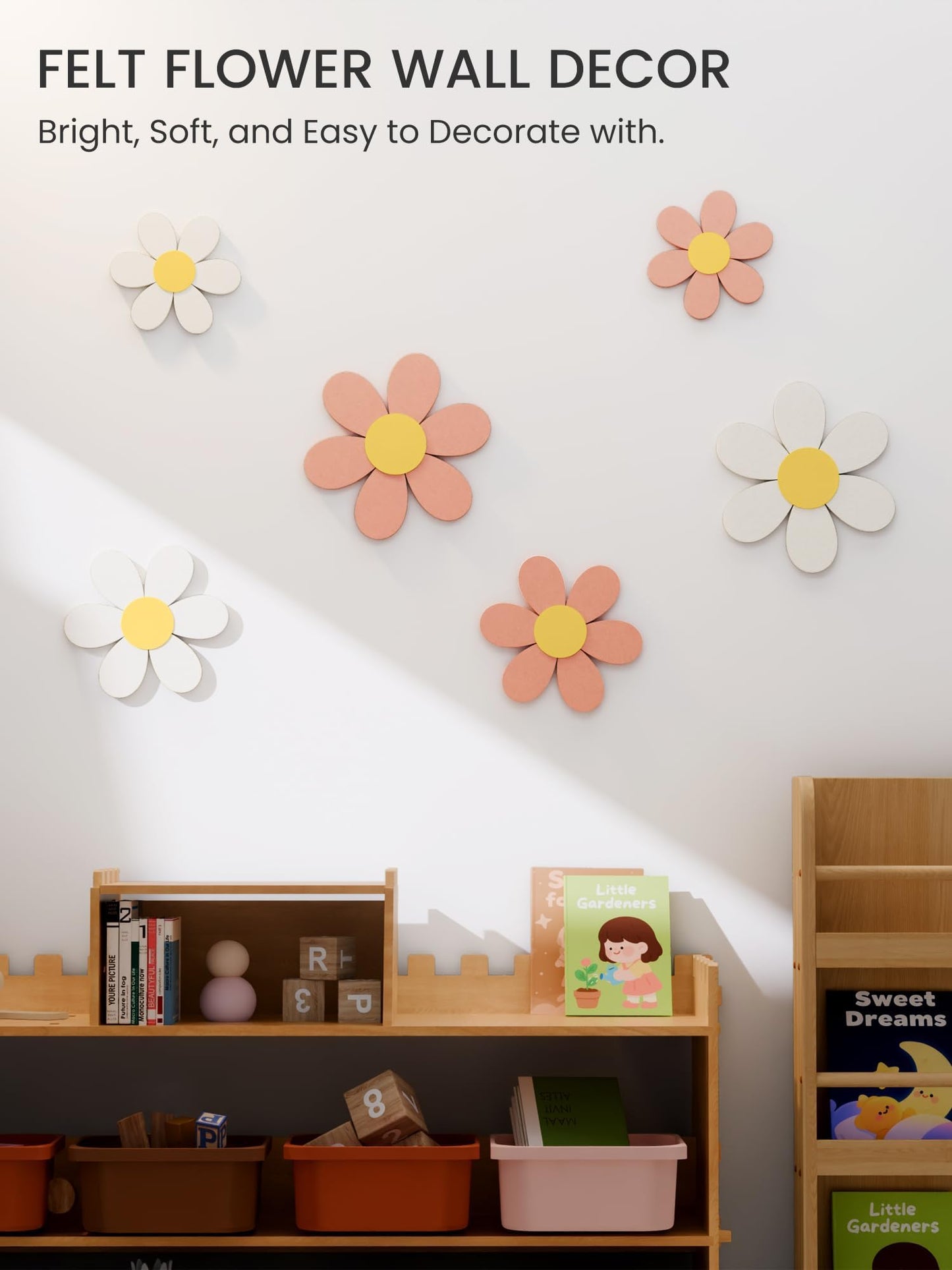Fluxynara 6 PCS Daisy Felt Flower Wall Decor, Daisy Bulletin Board for Nursery & Girl Room, 3-Size Acoustic Felt Wall Art for Bedroom, Baby’s Room, Kids’ Spaces, Pink/White