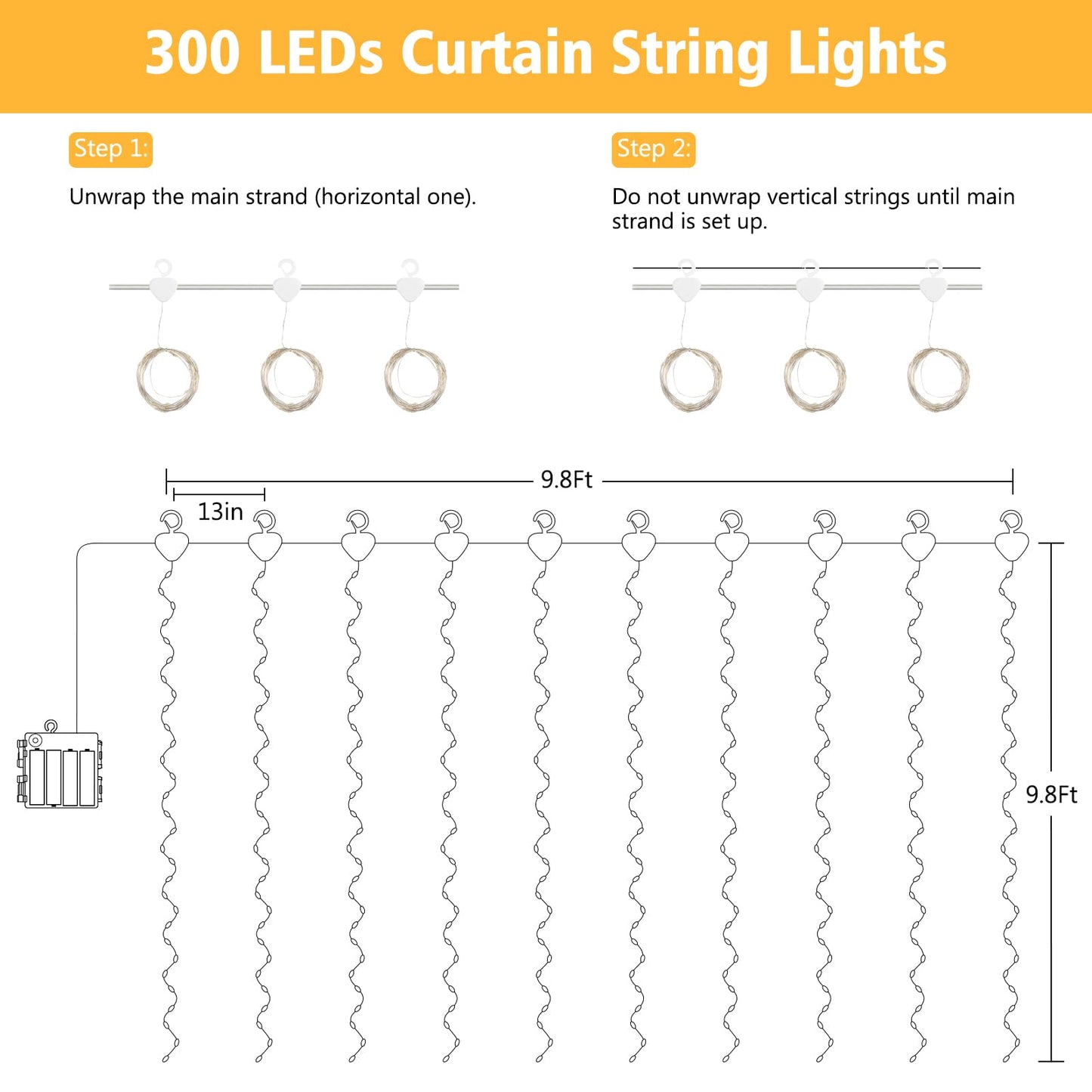 echosari Curtain Lights Battery Operated, 300 LED Fairy Lights 9.8 x 9.8Ft with Timer for Bedroom Wedding Backdrop Indoor Decor (Warm White)