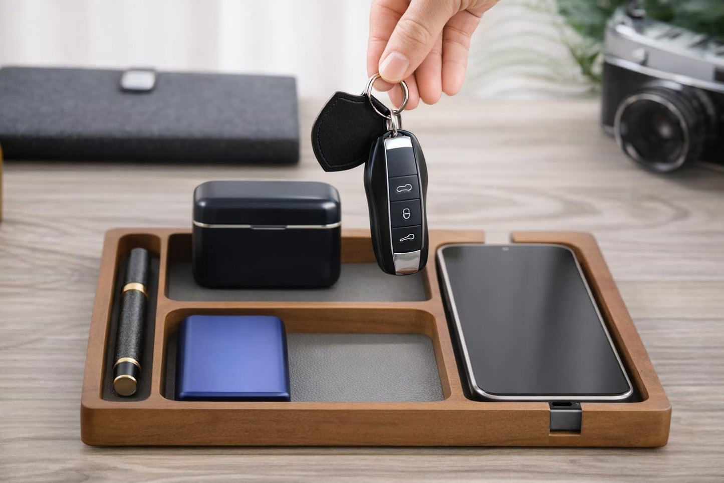 Shinpuru Wooden Valet Tray for Men, Nightstand Organizer with Leather Inlay, EDC Essentials Catchall Tray for Keys, Phone, Wallet, Watch, Earbuds - Bedside Desk Entryway Tray (Wood-Pen)