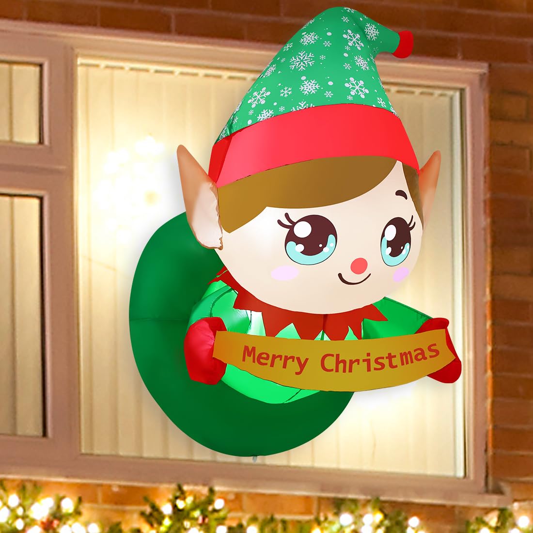 GOOSH 3.4 FT Christmas Inflatable Elf Outdoor Decorations Out from Window Blow Up Yard with Elf Merry Christmas Decoration Built-in LEDs for Holiday Xmas Garden Lawn Indoor Party Decor