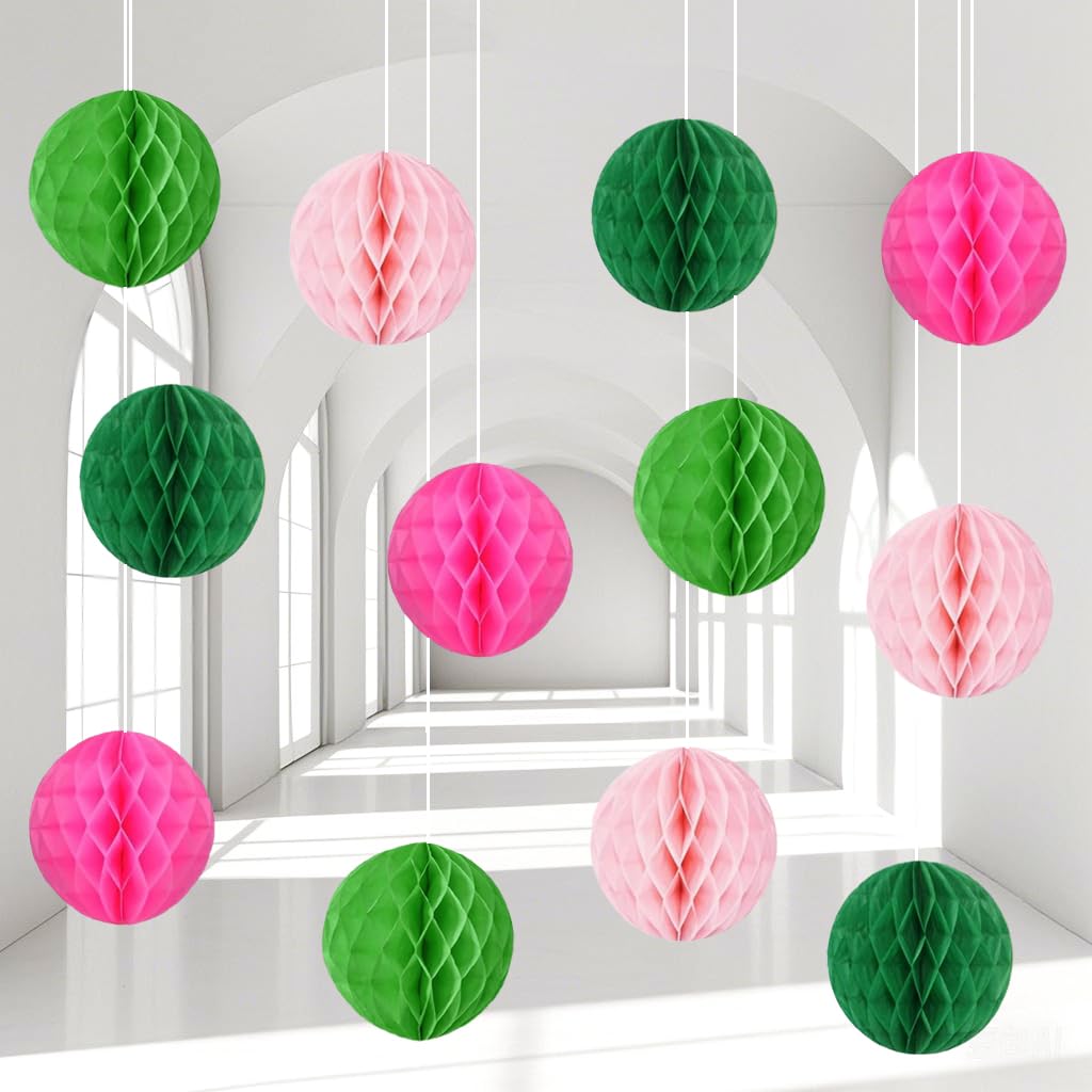 Capesaro 12pcs Pink Green Hanging Honeycomb Balls Decorations Theme Party Decor Movie Birthday Party Decorations for Kids(6" 8" 10" Pink Green Set)