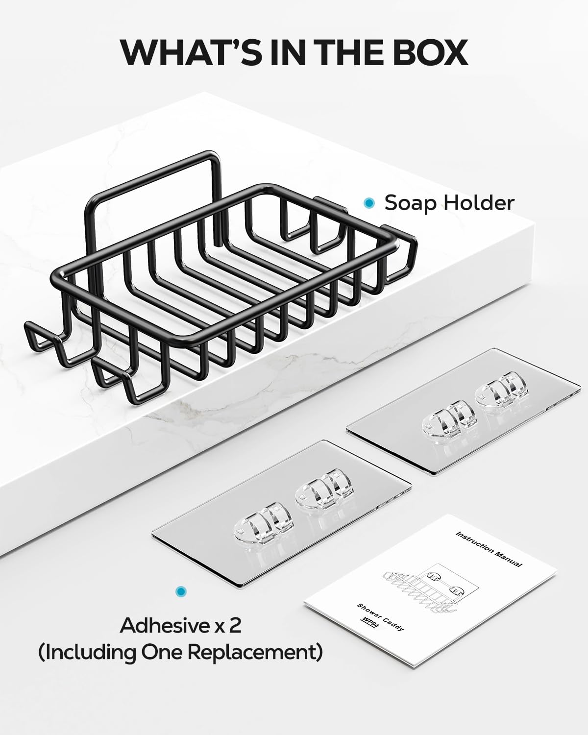 Nieifi Soap Dish Holder with 4 Hooks Stainless Steel Black Adhesive for Shower, Bathroom