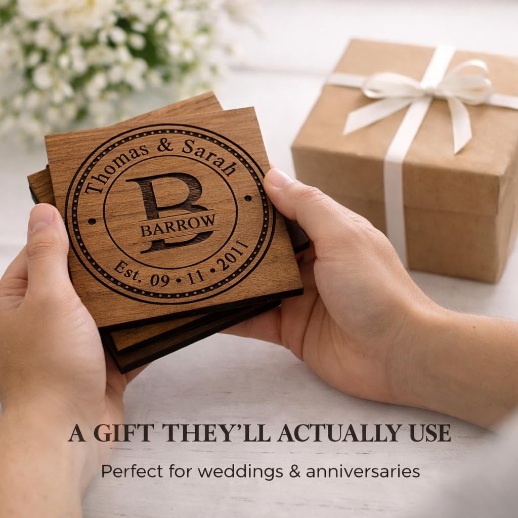 Personalized Coasters for Wedding Gifts, or Personalized Wooden Coaster Sets | Custom Coaster Set Options (2, 4, 6, 8, 16) | Handmade Wooden Coasters Made in The USA