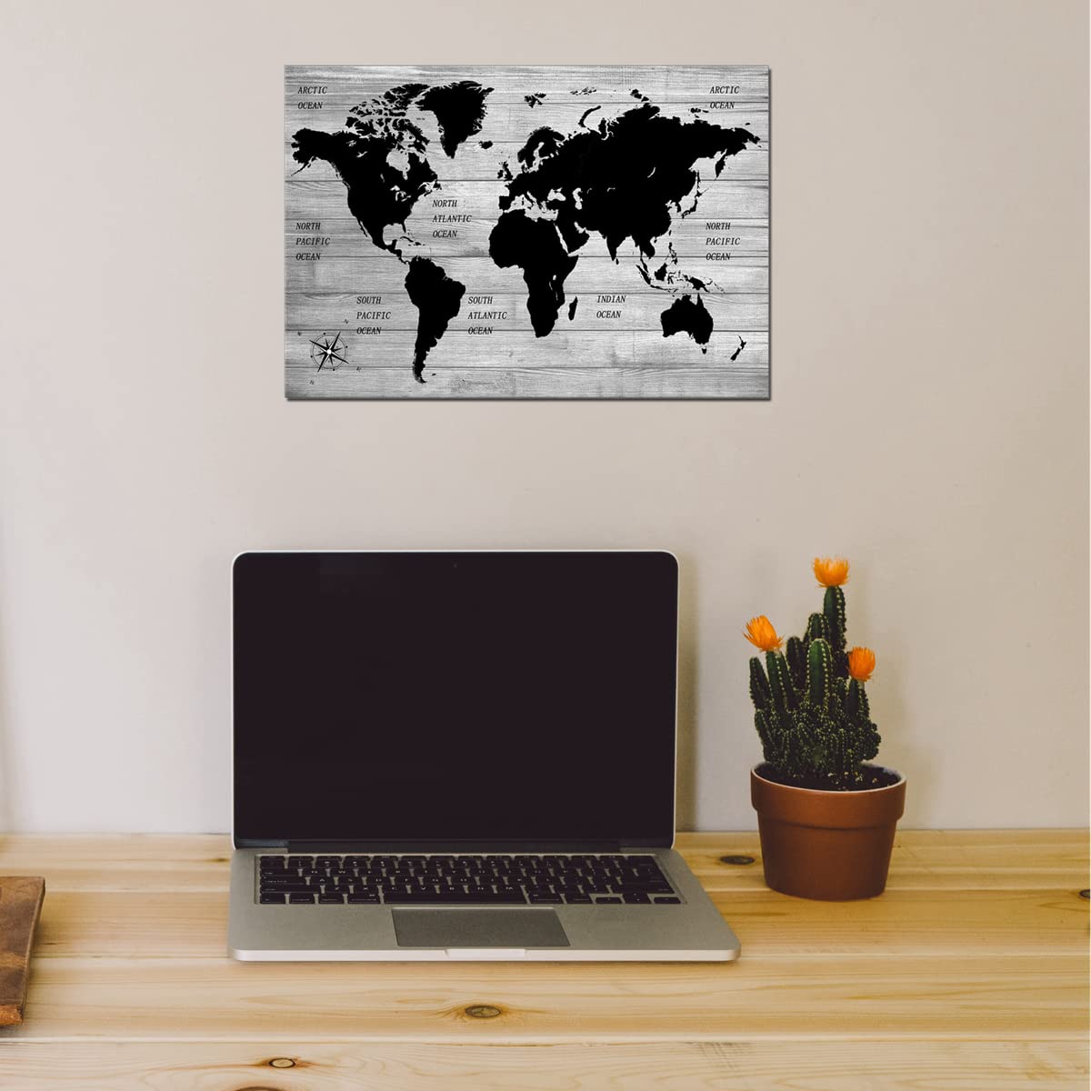 TAOMI World Map Wood Grain Grey Wall Art Black and White Artwork for Office Home Bedroom Decoration Map of the World Canvas Classroom Living Room Wall Décor Frame 12x16inch