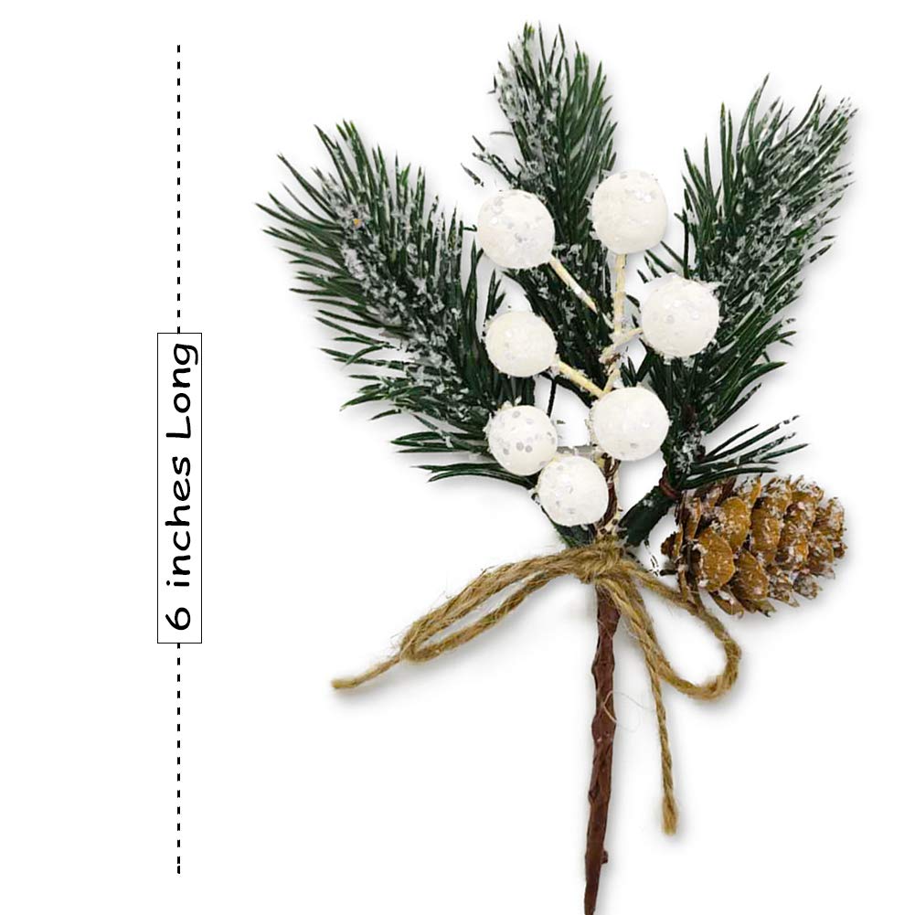 MEMOVAN Artificial Christmas Picks 8 Pack, White Christmas Berries Stems Pine Branches Cones Holly Spray/Winter Holiday Floral Pick for Xmas Decor Wreath, Garland, Crafts, Xmas Tree, Gift Wrap