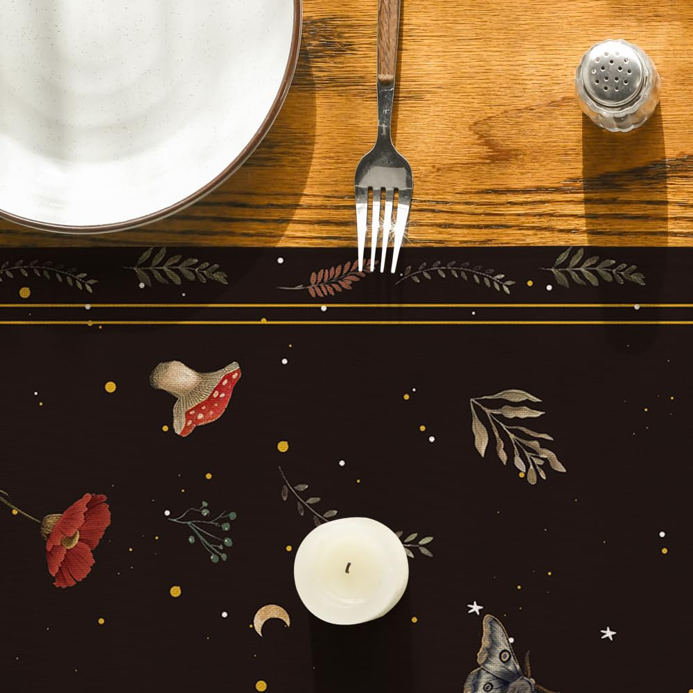 Artoid Mode Poppy Moth Mushroom Moon Fall Table Runner, Seasonal Autumn Kitchen Dining Table Decoration for Home Party Decor 13x72 Inch
