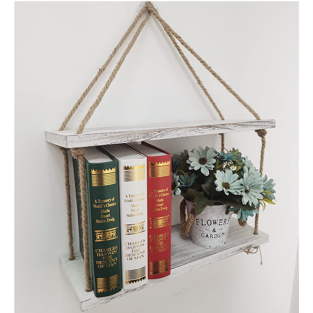 HoreZer 2-Piece Rustic White Wood Shelf Set, Hanging Floating Shelves with 4 Hooks and Ropes, Modern Style for Kitchen, Bathroom, Living Room