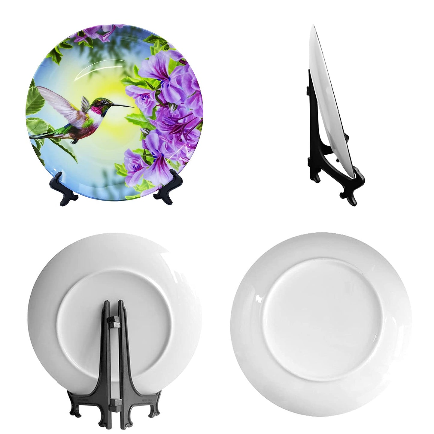 ALALAL 10 inch Bird Hummingbird Pink&Purple Flowers Decorative Plate Decorative Ceramic Plates Home Wobble-Plate with Display Stand Decoration Household Plates Decorative