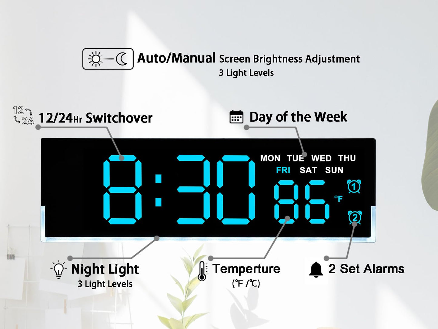 JENLYSTIME 7 Inch LED Digital Alarm Clock with Dual Alarms & Bottom Glow|Displays Time, Date, Day, Temperature|3-Level Auto/Manual Brightness, DST, USB or Battery Powered Modern Desk Clock (Blue)