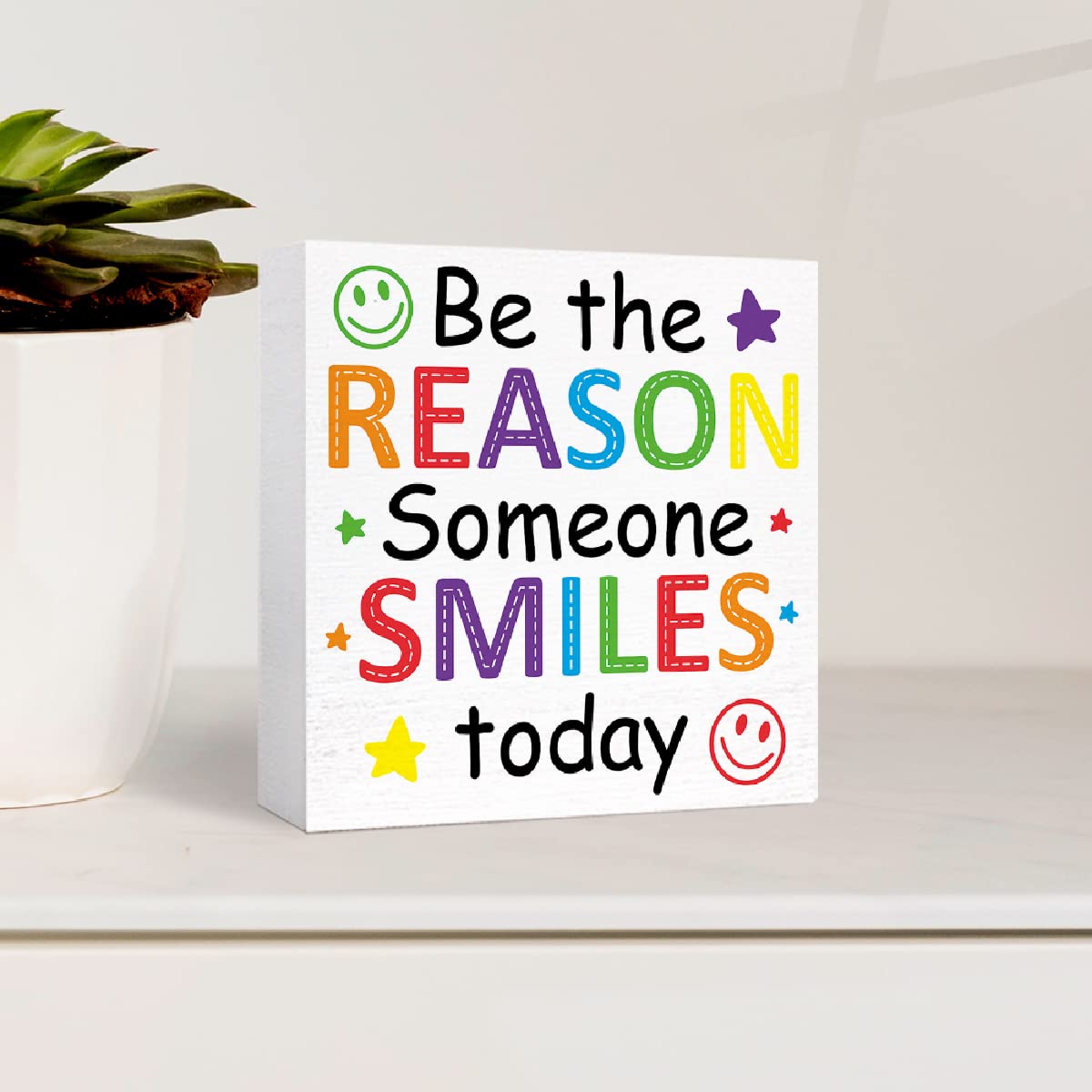 Be the Reason Someone Smiles Today Sign Wood Block,Inspirational Wooden Box Sign Motivational Desk Décor for Office Cubicle,Cheer Up Gifts for Women Coworker 5"L x 5"W x 1"H