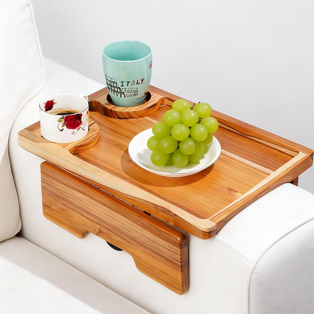 Dynamic-top 15.35" x 10.24" Teak Wood Couch Arm Tray, Sofa Armrest Table with Dual Cup Holders, Clip-on Tray for Wide Couch - Side Table for Eating & Drink, Snack, Phone, Remote