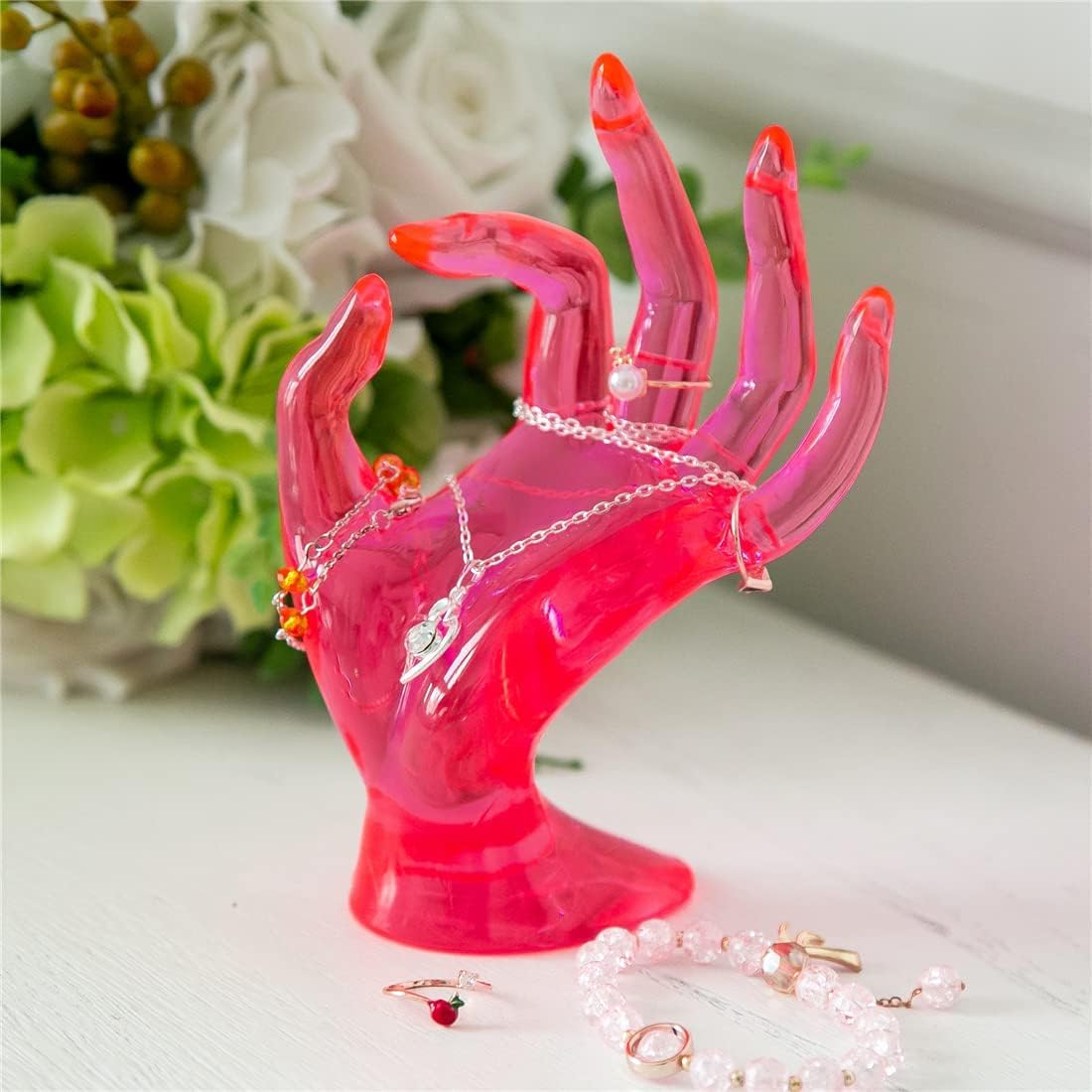 Maxsirui Hand Form Ring Holder Jewelry Display Organization Rack Bracelet Ring Watch Stand Support Aesthetic Y2k Room Decor (Rose Red)