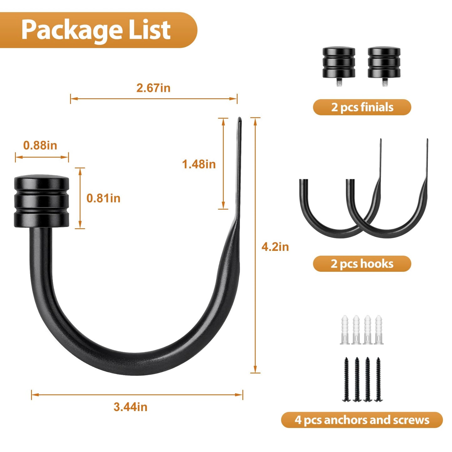 TONIAL Curtain Holdbacks, Home Decor Curtain Tiebacks Wall Mounted with Small Classic Cap Finials, Black Curtain Hooks for Drapes (1 Pair/2 Pack)