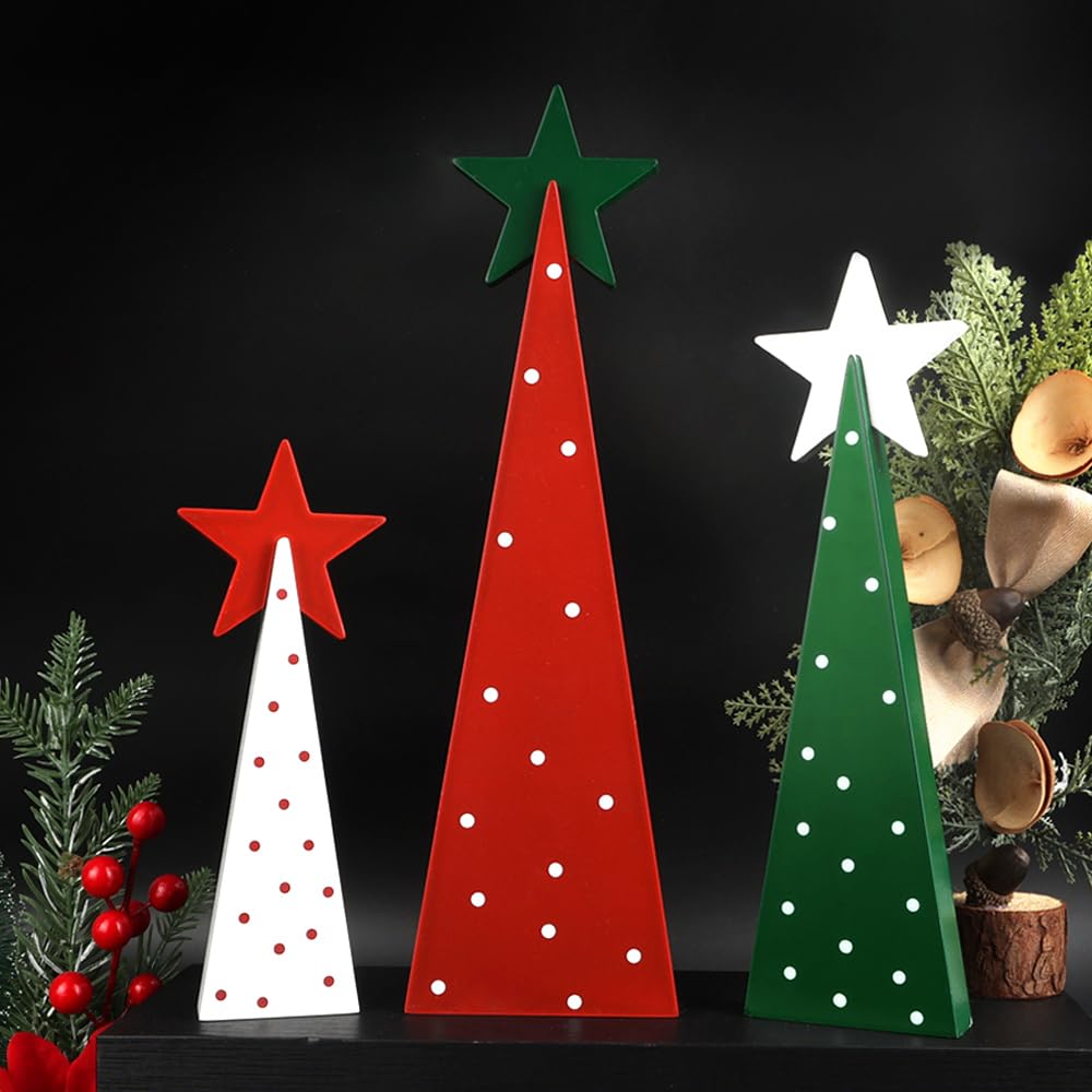 Christmas Decorations Indoor, Christmas Decor - 3 PCS Wooden Xmas Tree Signs with Stars for Home, Table, Fireplace Mantel, Shelf, Office Desk, Party Decor - Xmas Holiday Decorations