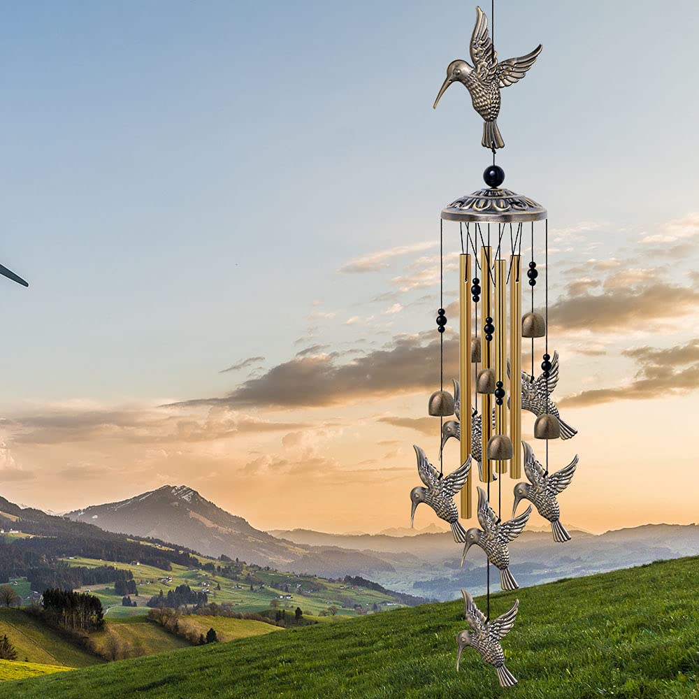 Large Hummingbird Wind Chimes Outdoor Indoor Decor -With 4 Tubes 6 Bells 7 Hummingbirds, Mobile Wind Catcher, Hummingbird Wind Bell for Home, Xmas Mom Gifts, Festival, Balcony, Tree, Garden Decoration