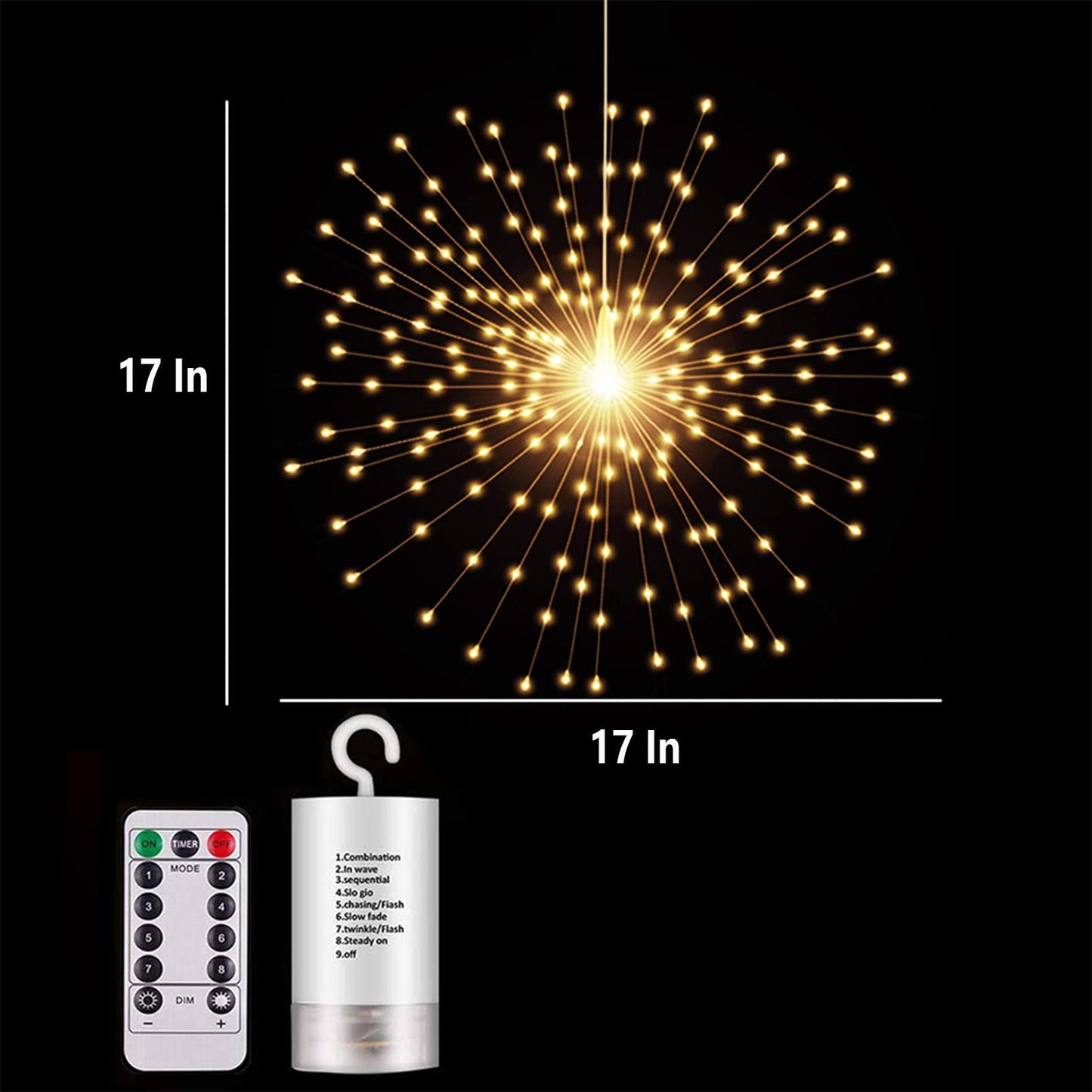 PXBNIUYA 200LED Hanging Sphere Lights, Battery Operated Starburst Lights, 8 Modes Dimmable Remote Control, Waterproof Copper Wire Fairy Light for Indoor Outdoor Christmas Decor (Warm White)
