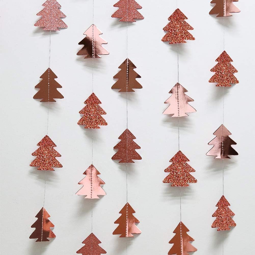 Cheerland Rose Gold Christmas Tree Garland Happy Holidays Banner Woodland Theme Party Decoration Xmas Hanging Backdrop Christmas Banner Wall Decor for Winter Birthday Party New Year Decorations