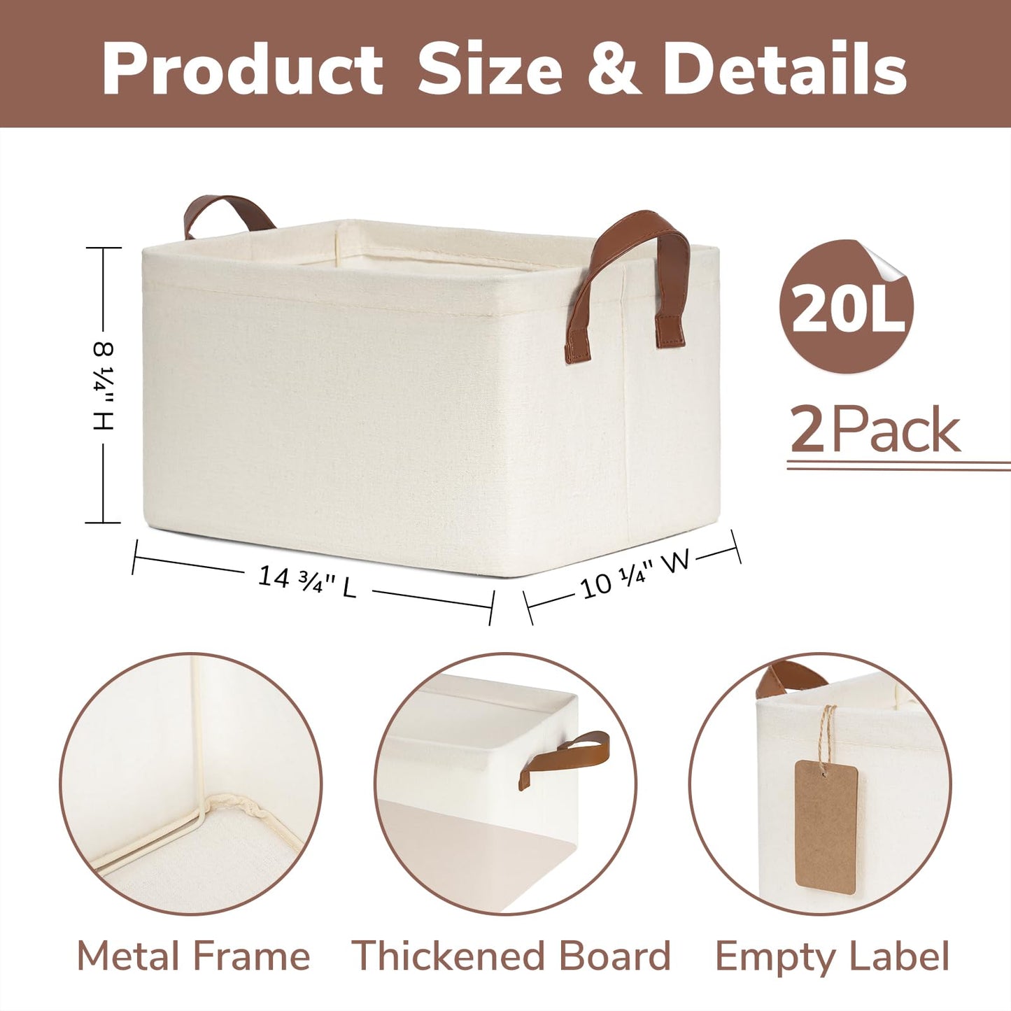 CHICVITA Storage Bins for Shelves, Closet Bins for Organization, Collapsible Storage Baskets for Towels, Rectangle Basket for Bedroom, 14 ¾" L x 10 ¼" W x 8 ¼" H, Beige, 2-Pack
